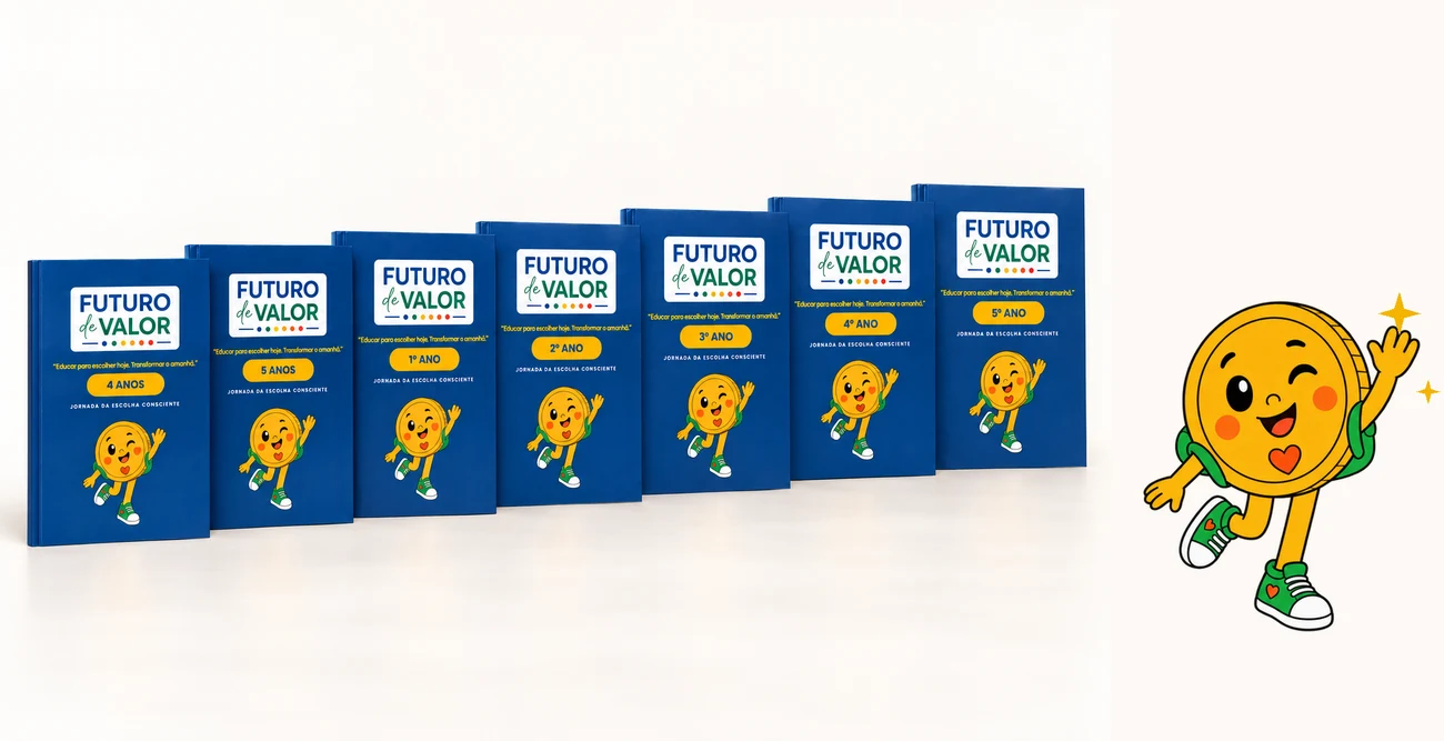 Os sete cadernos da coleção, de 4 anos ao 5º ano
