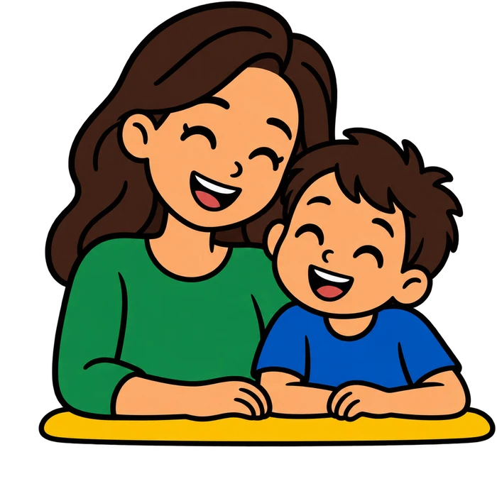 Mãe e filho fazendo a atividade juntos na mesa
