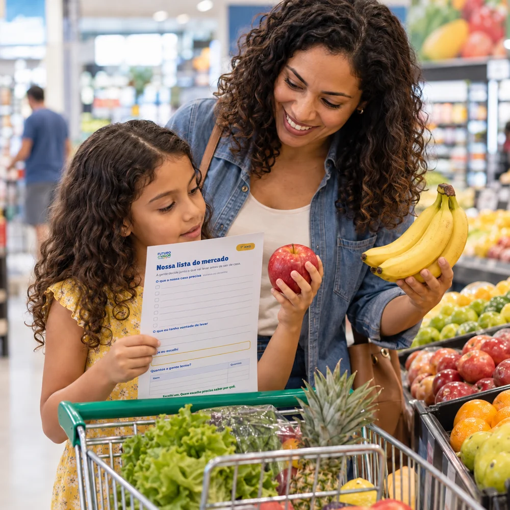 Mãe e filha conferindo a lista do mercado no supermercado